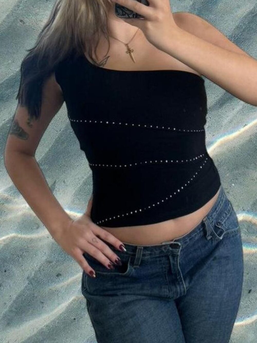 Vintage Y2K Niche USA asymmetric bedazzled black one shoulder top ⭐️ 90s